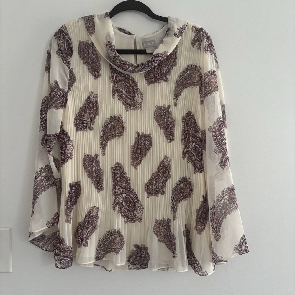 Chicos Crinkle Top Womens Size 1 Ivory Paisley Wide Sleeve Lined BOHO